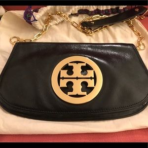 Tory Burch black and gold cross body clutch